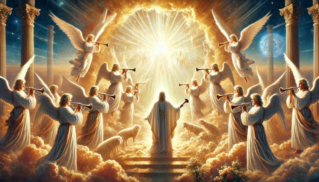 "Seven angels with trumpets stand before God in Revelation 8, marking the beginning of intensified divine judgments, with profound silence filling the heavens.