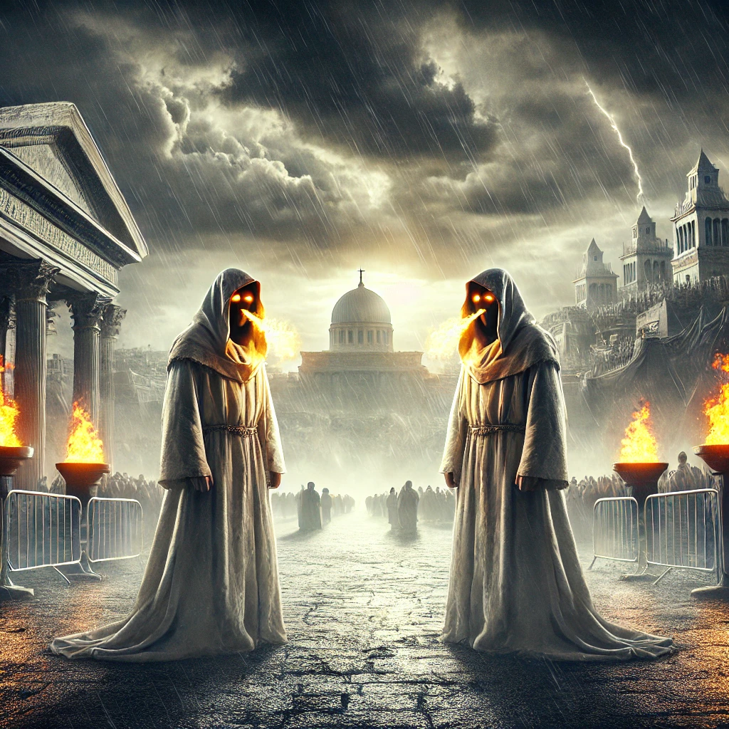 An artistic representation of Revelation Chapter 11: two witnesses, dressed in sackcloth, stand before a city with a towering temple in the background. Dark clouds gather as fire flows from their mouths, emphasizing their divine power. At their feet, a measuring rod leans against the temple's outer wall, symbolizing the prophecy of the temple. The city, meant to resemble Jerusalem, has an area fenced off where nations trample the holy ground. This imagery reflects the witnesses' spiritual significance and power during the tribulation.