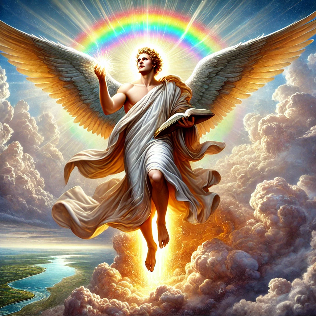 A mighty angel descends from heaven, standing with one foot on the sea and the other on land, symbolizing God's authority over creation. The angel holds an open scroll, representing the prophetic message in Revelation 10.