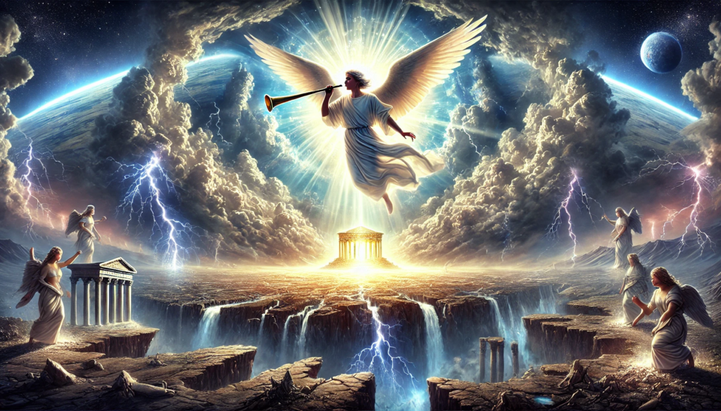 Angel sounding the seventh trumpet with heavenly temple opening and ark of the covenant revealed, symbolizing God's kingdom taking control over the earth, as described in Revelation 11:15-19.