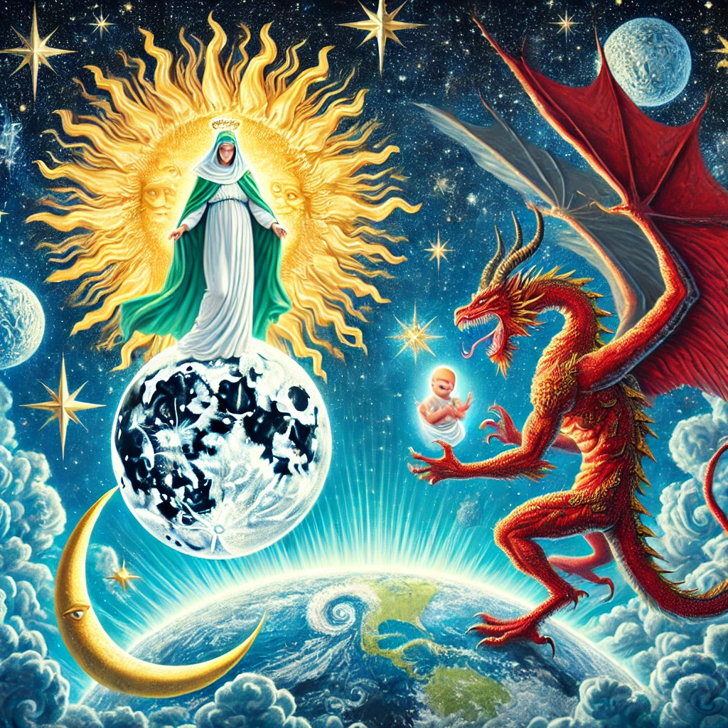 A dramatic scene from Revelation 12, showing a radiant woman clothed in sunlight with a crown of twelve stars, standing on the moon, symbolizing Israel. A massive red dragon with seven heads and ten horns, representing Satan, menacingly approaches the woman. In the distance, a male child, symbolizing Jesus Christ, is being caught up to heaven. This visual encapsulates the cosmic conflict between good and evil described in Revelation 12, highlighting the key themes of protection, divine victory, and spiritual warfare.