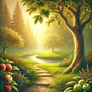 An illustration of a serene garden path leading through lush greenery, symbolizing the journey back to one's first love in faith. Flanking the path are a vibrant tree of life laden with fruit and an aged tree representing reflection and stillness. A gentle stream flows nearby, embodying peace and renewal, while a distant church steeple hints at the importance of community in spiritual growth. This image encapsulates themes of remembrance, repentance, and encouragement from the Lord, as discussed in the article, inviting believers to reconnect with their foundational love for God and the promises of hope for the faithful.