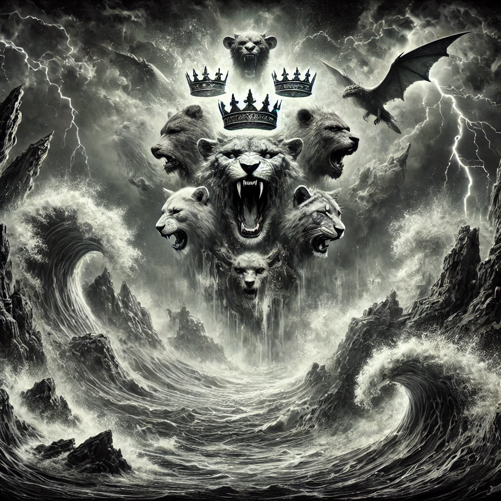 A beast rising from the sea, representing the future global dictator described in Revelation 13:1-10. It has seven heads, ten crowned horns, and features resembling a leopard, bear, and lion, symbolizing various empires. A dragon above the beast symbolizes Satan granting it authority."