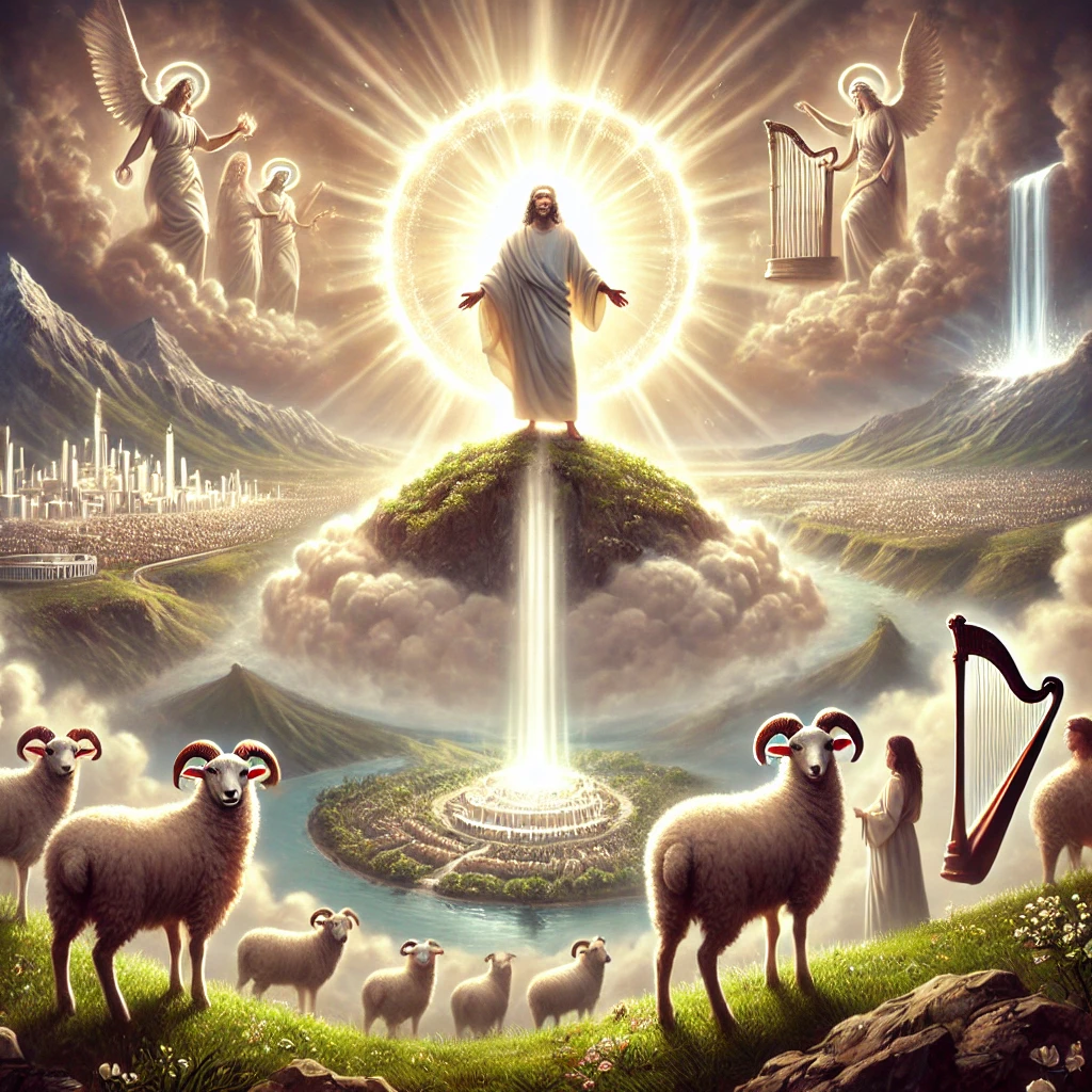 The Lamb (symbolizing Christ) standing triumphantly on Mount Zion with 144,000 people surrounding Him. They should be marked on their foreheads with a divine seal. Above, a radiant light emanates from the heavens, with a thunderous voice echoing in the sky. Harp players can be seen playing as this victorious group sings a new song. The scene reflects both earthly and heavenly elements, with the Mount representing Jerusalem but also conveying a spiritual realm. The image should evoke a sense of victory, divine authority, and purity.