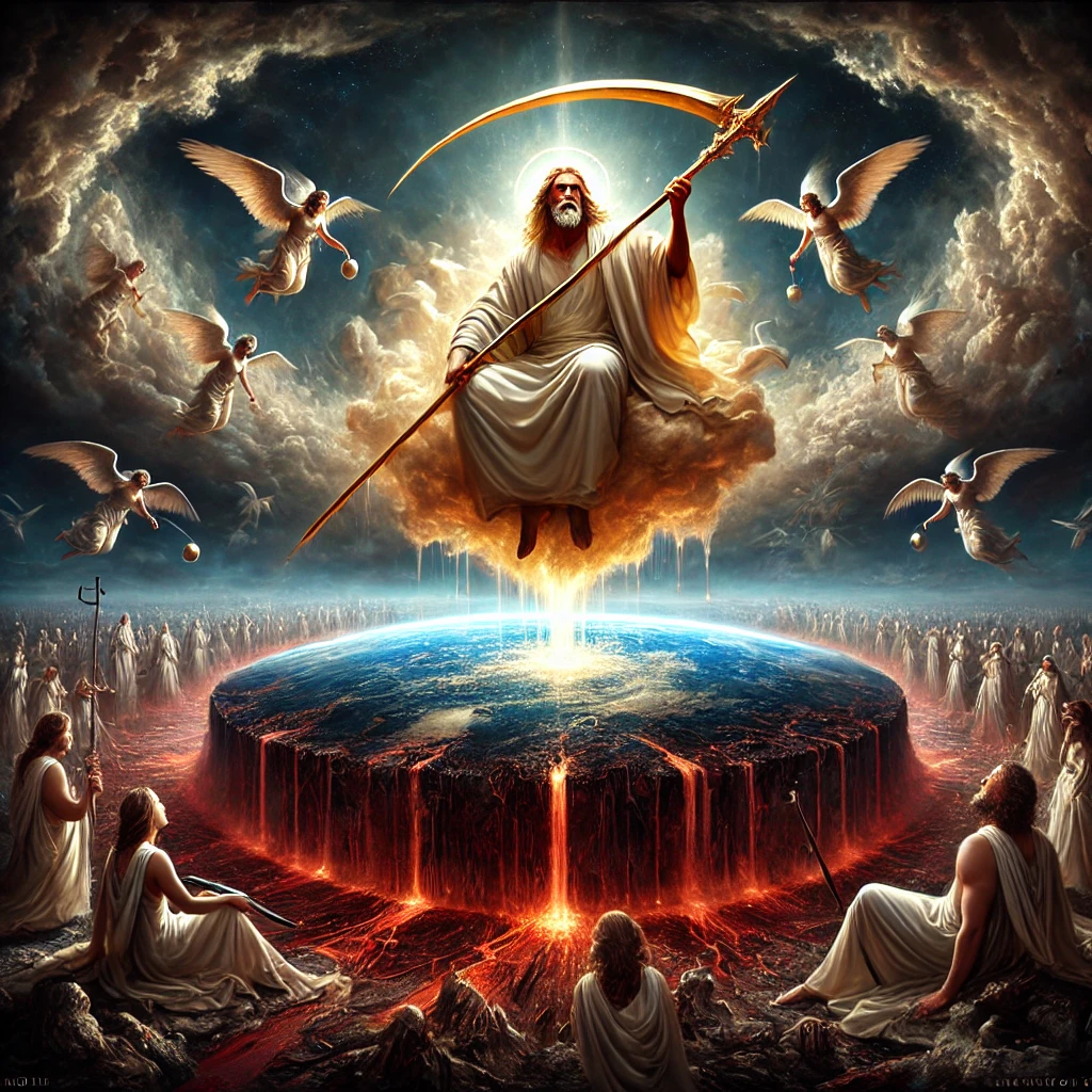 A powerful depiction of Revelation’s apocalyptic harvest, featuring a figure resembling Jesus (the "Son of Man") seated on a white cloud. He holds a sharp sickle in His hand, symbolizing divine judgment. Around Him, angels are seen with sickles, reaping and gathering the earth’s harvest, while a winepress overflows with blood, symbolizing the intensity of God’s wrath on humanity. The background shows a desolate, darkened earth, with skies symbolizing the weight of the end times, capturing the dire nature of the event described in Revelation 14:12-20.