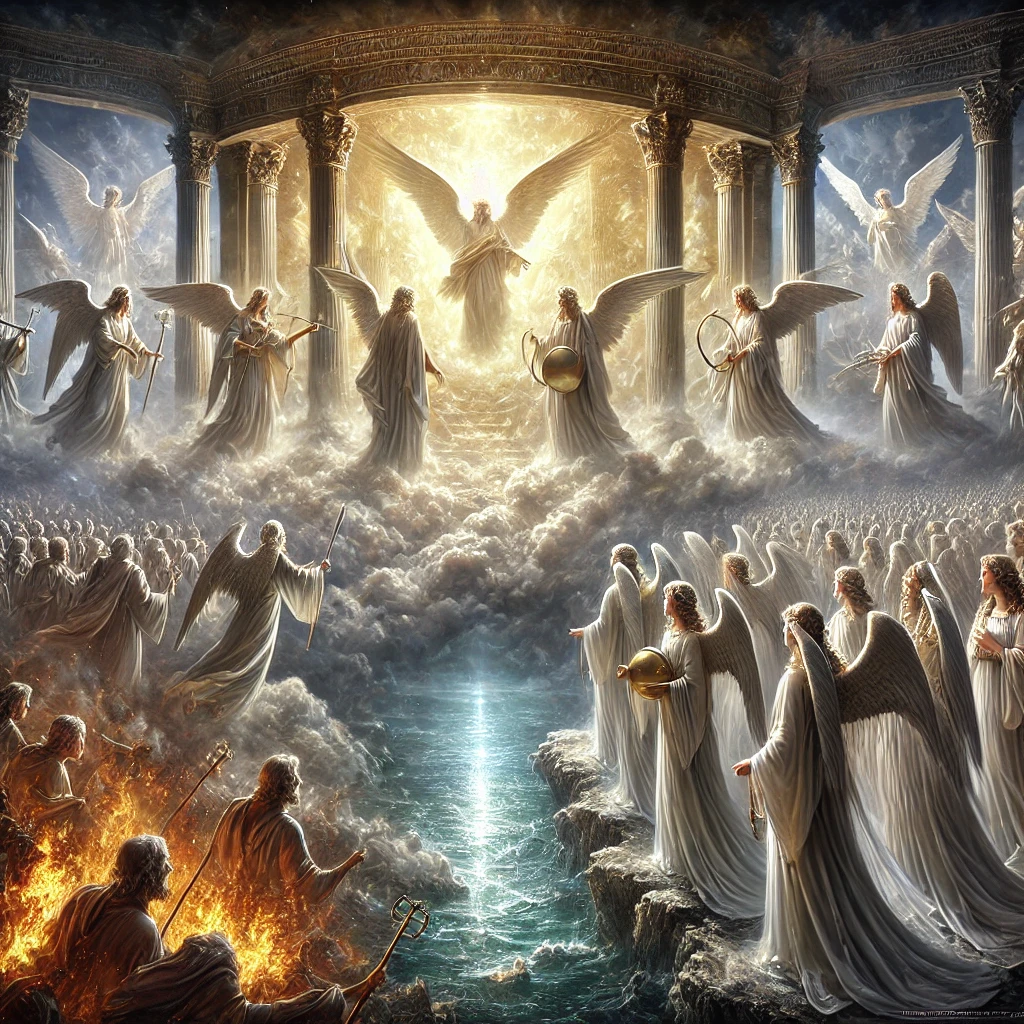 An image showing seven radiant angels emerging from a glowing heavenly temple, each holding golden bowls representing the final plagues. A sea of glass, mingled with fire, is visible below, where martyrs stand with harps, singing praises to God. This scene captures the prelude to God's final judgment, as described in <a href='https://ab-renens.ch/bible-king-james-version-kjv/?book=66&chapter=15'>Revelation 15 </a>, where the last plagues are prepared to be poured out upon the earth.