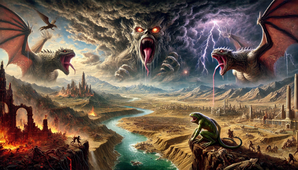 Image of a vast battlefield under a darkened sky, with demonic spirits emerging from the dragon, the beast, and the false prophet, preparing to rally armies for the battle of Armageddon. In the distance, the River Euphrates is drying up, and the plains of Megiddo stretch out, symbolizing the global conflict foretold in <a href='https://ab-renens.ch/bible-king-james-version-kjv/?book=66&chapter=16'>Revelation 16 </a>. Lightning strikes in the background as a reminder of the divine judgments from the seventh bowl of God's wrath.