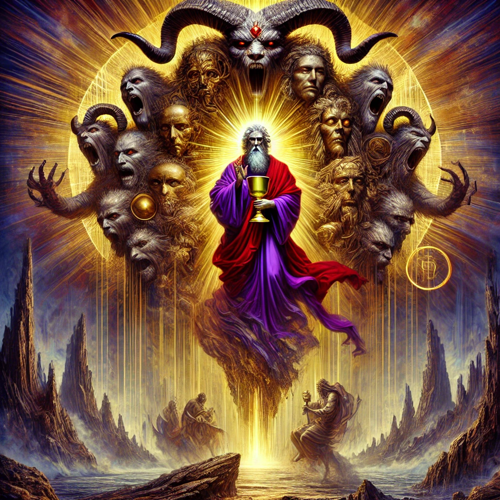 A vivid depiction of a woman adorned in purple and scarlet, seated on a scarlet beast with seven heads and ten horns. The woman holds a golden cup filled with abominations, symbolizing the false religious system of Babylon described in <a href='https://ab-renens.ch/bible-king-james-version-kjv/?book=66&chapter=17'>Revelation 17 </a>. This image visually represents the fall of religious Babylon, as described in the text, highlighting her influence over political powers and her eventual judgment. The beast and the woman are surrounded by a chaotic and apocalyptic landscape, capturing the essence of spiritual and political turmoil during the tribulation.