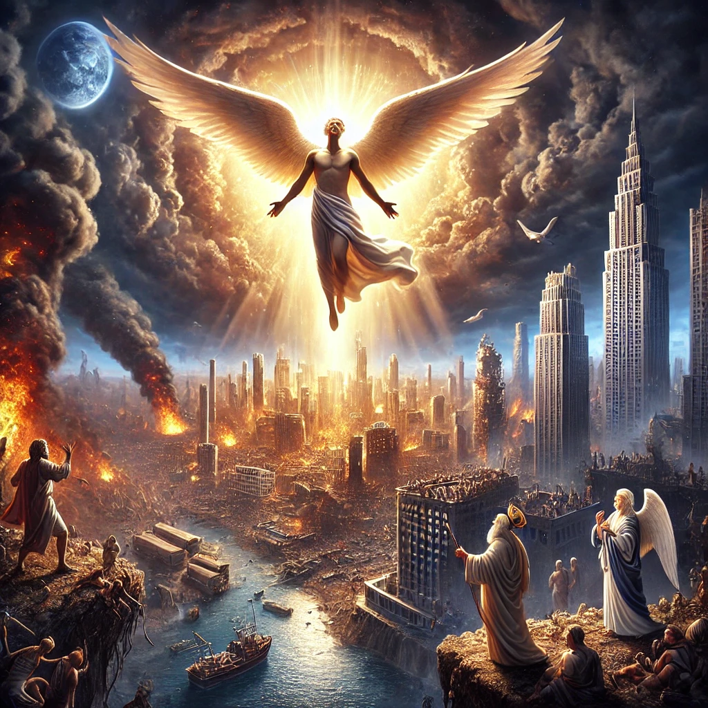 A radiant angel descends from the sky, symbolizing divine judgment on a burning modern metropolis, representing the fall of economic Babylon from <a href='https://ab-renens.ch/bible-king-james-version-kjv/?book=66&chapter=18'>Revelation 18 </a>. The city's towering buildings collapse in flames, while distant figures mourn the destruction, reflecting the end of a corrupt global economic system."