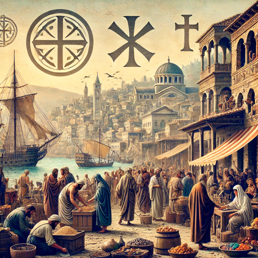 An illustration of ancient Smyrna, highlighting its role as a bustling port city in the late first century. The image features traders and citizens in traditional attire, representing the city's prosperity, contrasted with subtle symbols of Christian faith, like a cross. This visual relates to the article discussing the Church of Smyrna's experiences of persecution and their spiritual richness, underscoring the dichotomy of affliction and divine acknowledgment in the early Christian community.