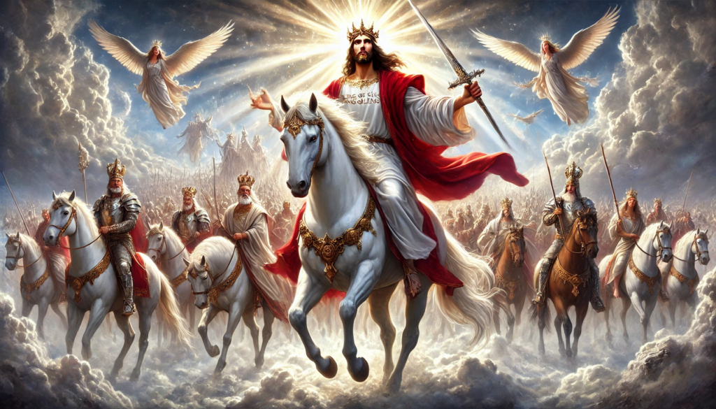 A glorious depiction of Christ’s return as described in <a href='https://ab-renens.ch/bible-study-tools-multilingual-verse-in-various-versions/?book=66&chapter=19&verse=11' target='_self'>Revelation 19:11-16</a>. Christ rides a white horse, wearing a blood-dipped robe, with fiery eyes and multiple crowns on His head. His title, "King of Kings and Lord of Lords," is visible on His thigh. In His hand, He holds a sharp sword symbolizing His word. Behind Him, the armies of heaven follow, also on white horses and dressed in pure white linen. The sky is open and filled with divine light, symbolizing the moment of His triumph and judgment. The scene radiates with a sense of divine victory and heavenly power.