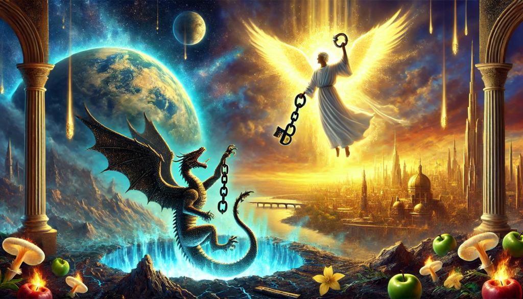 The image depicts the moment described in <a href='https://ab-renens.ch/bible-king-james-version-kjv/?book=66&chapter=20'>Revelation 20 </a>, where an angel descends from heaven, binding Satan with a chain and throwing him into the Abyss. This symbolizes the beginning of Christ's 1,000-year reign on Earth, a period of peace and justice, with Satan unable to deceive the nations. This image represents the central event of the Millennial Reign and underscores the victory of Christ over evil forces.