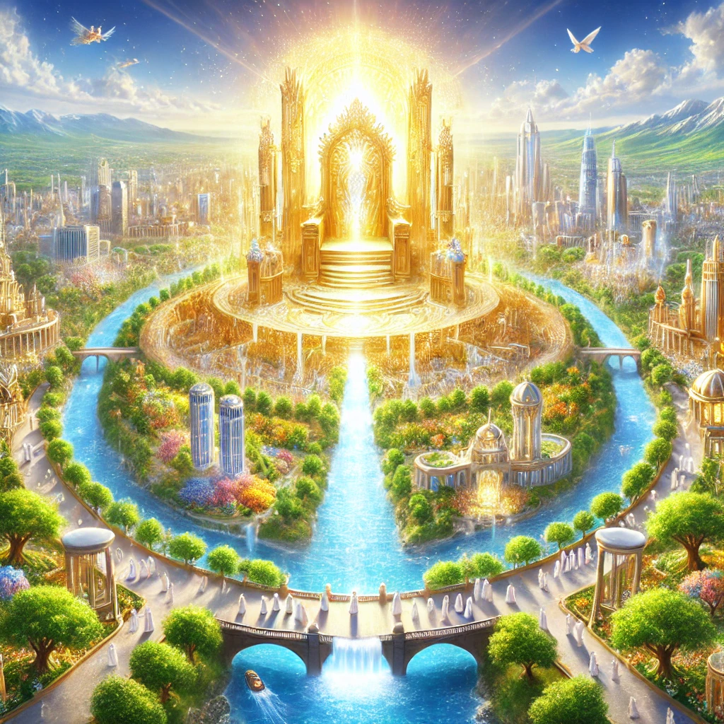 A radiant heavenly city with golden streets, featuring a crystal-clear river flowing from a majestic throne at the center. The scene is illuminated by divine light, symbolizing the eternal presence of God. Trees of life, bearing fruit, line both sides of the river, and joyful figures in white robes walk in the city, representing the redeemed inhabitants of the New Jerusalem as described in <a href='https://ab-renens.ch/bible-king-james-version-kjv/?book=66&chapter=22'>Revelation 22 </a>.