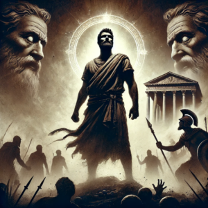 The image depicts Polycarp, a Christian martyr, standing confidently against the oppression of ancient Smyrna. He embodies steadfast faith in the midst of persecution, illustrated vividly by looming shadows that represent fear and temptation. Above him, a luminous “crown of life” symbolizes the promise of eternal reward for those who endure suffering for their faith. This visual representation reflects the themes of endurance, tribulation, and the assurance of God's eternal goodness discussed in the article about the Lord's exhortation to the early Church.