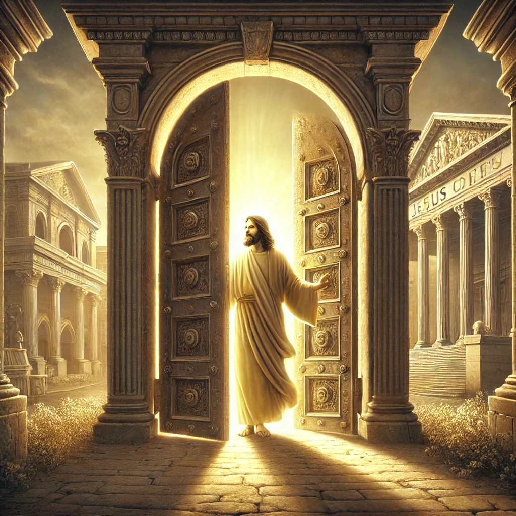 Jesus Christus steht vor einer Stadttür und klopft an, symbolisch für die Einladung an die laue Gemeinde von Laodizea zur Umkehr. Die reichen Häuser im Hintergrund stehen für die materielle Fülle, die die geistliche Armut überdeckt.