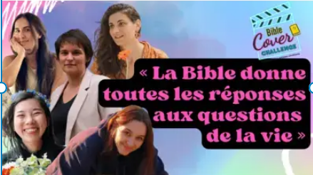 texte "La Bible donne les réponses aux questions de la vie" avec 5 filles étudiantes qui ont participé au concours Bible Cover Challenge.  publicité pour le groupe étudiants de l'église Renens AB