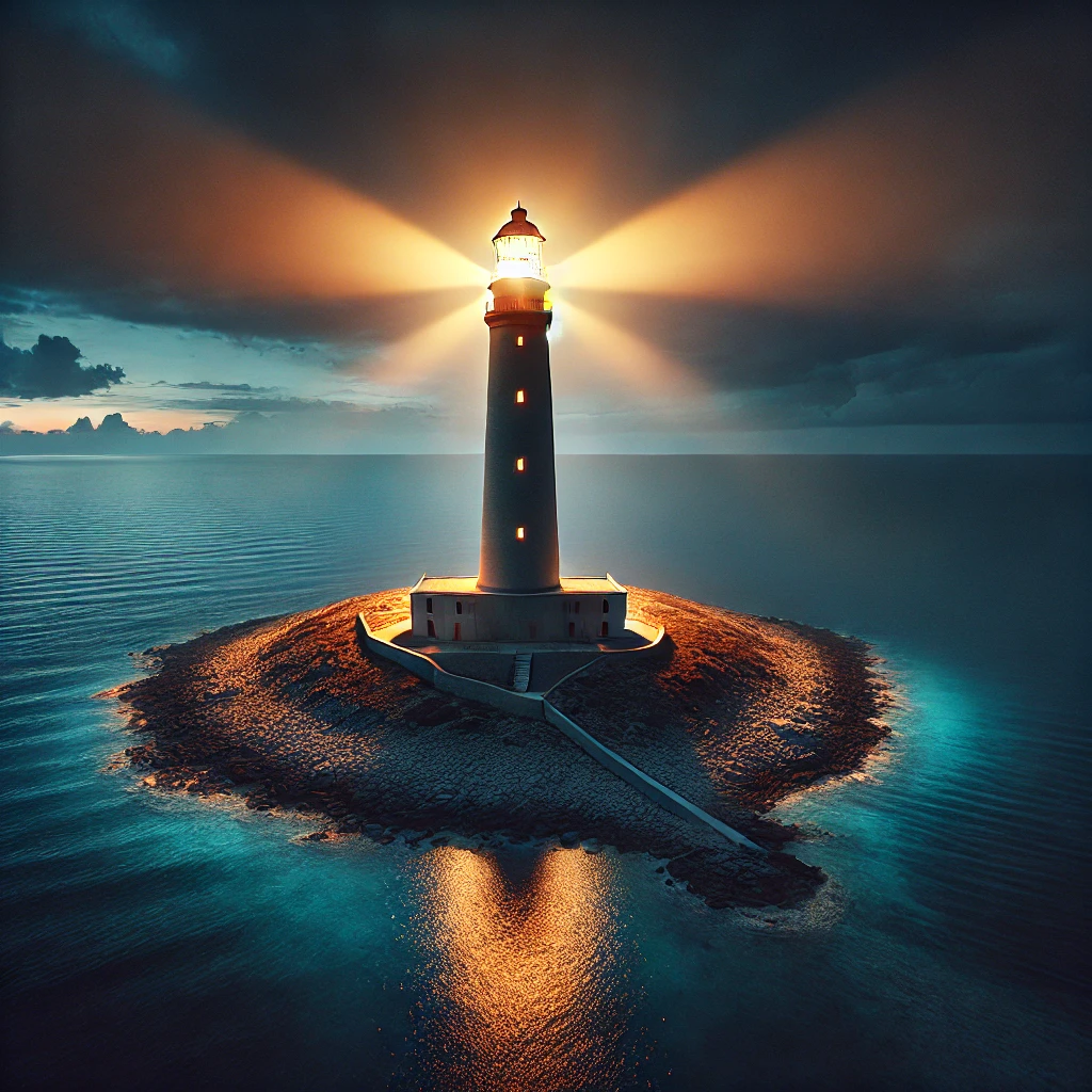 Ein strahlender Leuchtturm auf einer Insel, der das Meer in tiefem Dunkel erhellt. Der Leuchtturm symbolisiert das Licht Gottes, das in die Dunkelheit unseres Lebens scheint, während das weite Meer für die verborgenen Tiefen und Schatten steht, die Gott erleuchten möchte, wenn wir in Ehrlichkeit zu Ihm kommen.