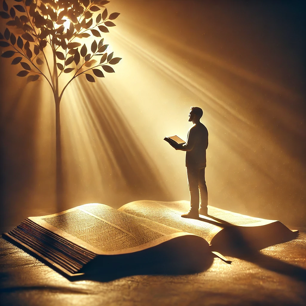 Eine Person hält die Bibel in einem sanften Lichtstrahl, symbolisch für die Nähe zu Gott und das Leben nach seinem Wort, wie in 1.<a href='https://ab-renens.ch/online-bible-luther/?book=43&chapter=2'> Johannes 2 </a>,3-6 beschrieben.