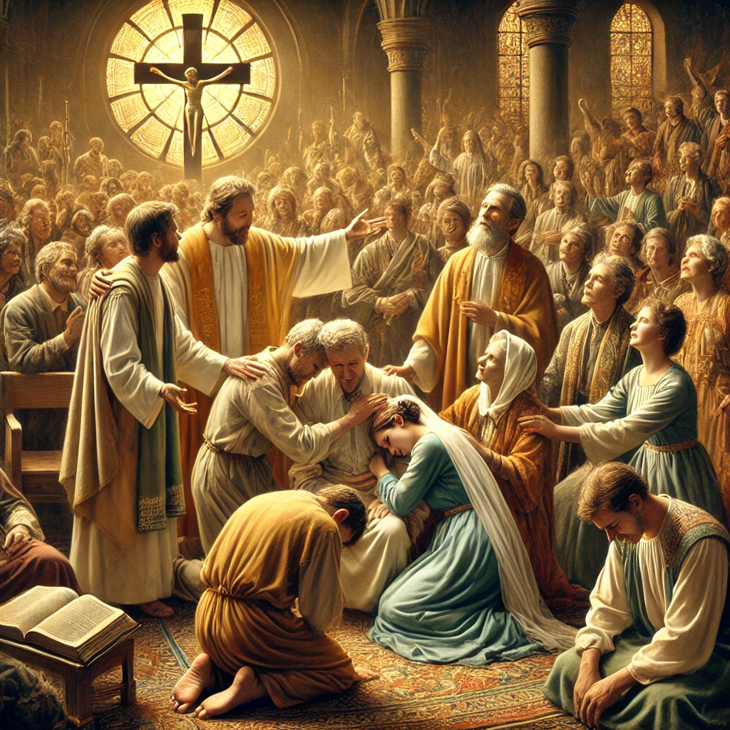 Eine Gruppe von Christen, die sich in einer Kirche versammelt, betet und dient gemeinsam anderen in Liebe und Gerechtigkeit, inspiriert durch das Vorbild Christi und Gottes Liebe, wie es in 1.<a href='https://ab-renens.ch/online-bible-luther/?book=43&chapter=3'> Johannes 3 </a>,1-10 beschrieben ist.