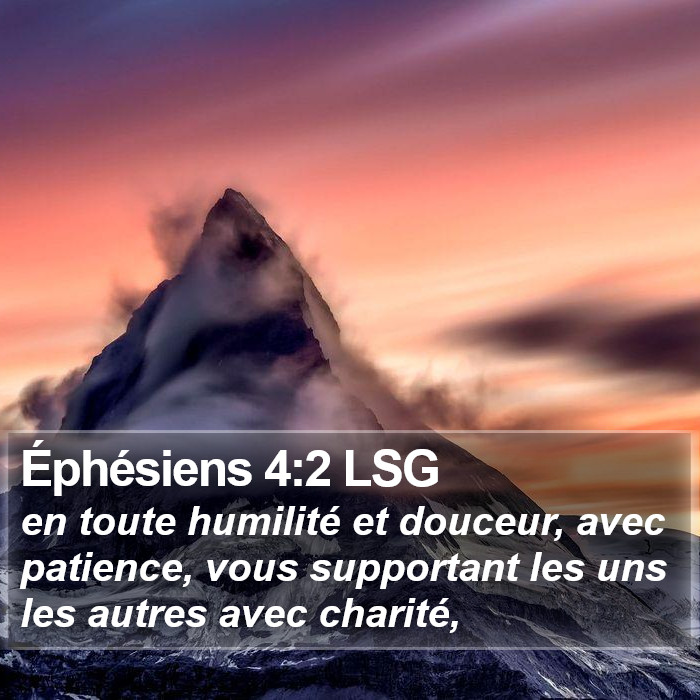 Éphésiens 4:2 LSG
en toute humilité et douceur, avec patience, vous supportant les uns les autres avec charité,