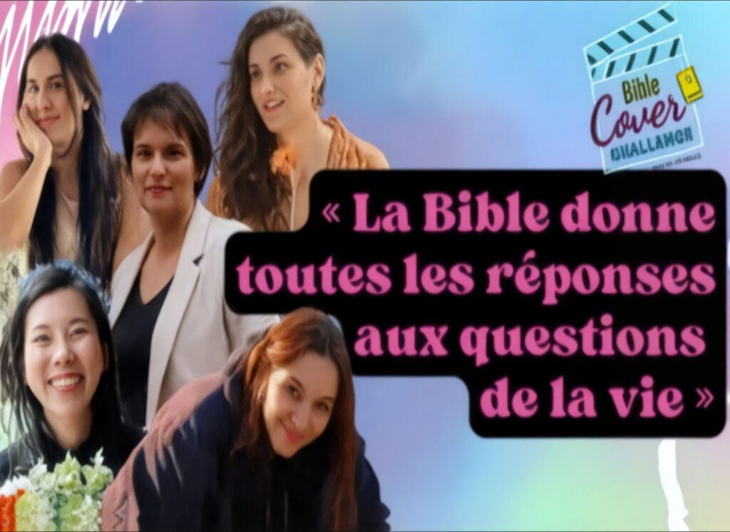 montage avec 5 étudiantes qui on tparticipé au concours Bible Cover Challenge.  Text dans l'image "La Bible donne toutes les réponses aux questions de la vie"