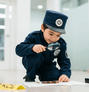 affiche pour le camp d'été les investigateurs, pour enfants qui se déroule été ,2025 à Lausanne AB. Enfant qui regarde à la loupe des preuves, pour symboliser le thème. Enfant habiller comme un gendrame investigateur de la police, côté humoristique.