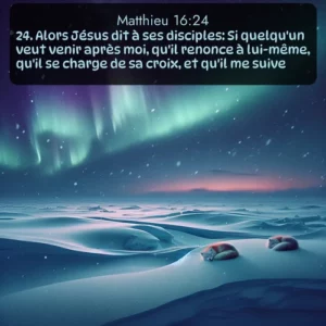 Les aurores boréales dansent à travers la toundra gelée en rubans verts et violets. La neige tombe silencieusement sur les renards arctiques endormis. Avec le verset biblique : 24. Alors Jésus dit à ses disciples: Si quelqu'un veut venir après moi, qu'il renonce à lui-même, qu'il se charge de sa croix, et qu'il me suive. qui invite les personnes à venir à l'église Renens AB pour le culte de Dimanche