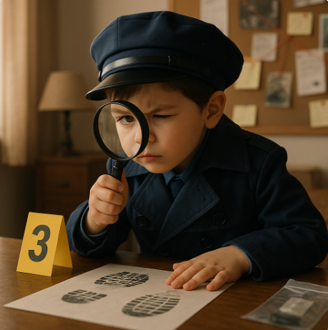 2eme image humoristique d'un enfant qui joue au policier investigateur.