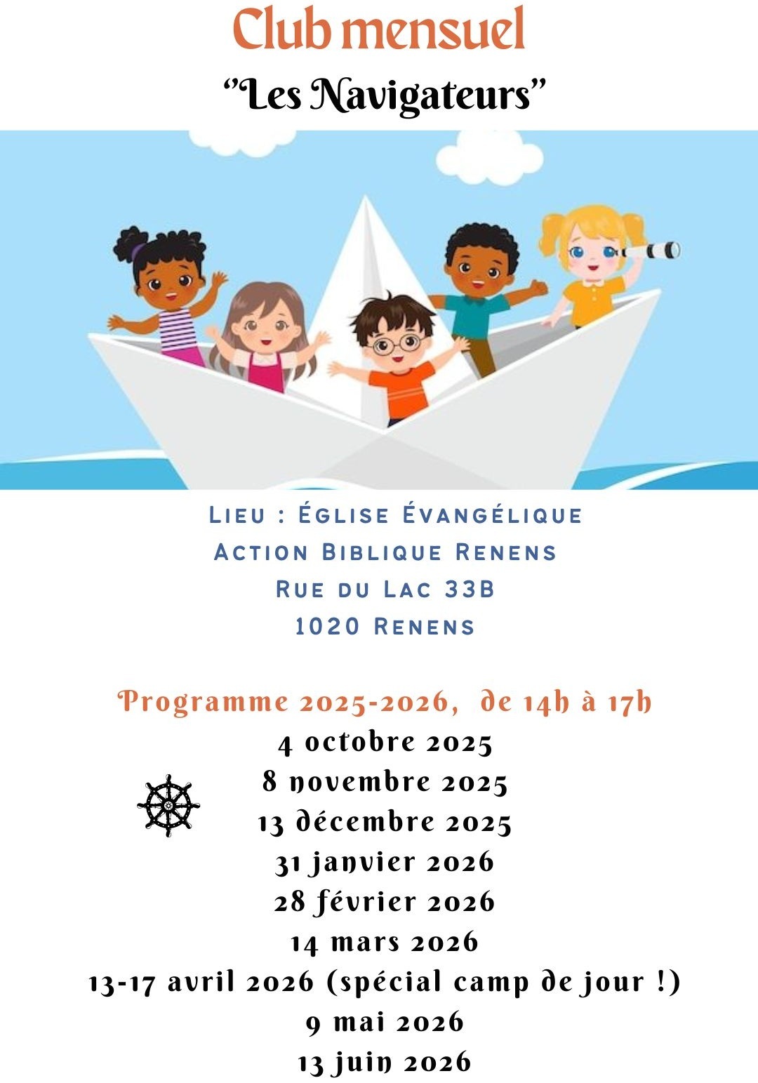 Kids Team : groupe de jeunes ;programme pour 2026 avec camp en Avril