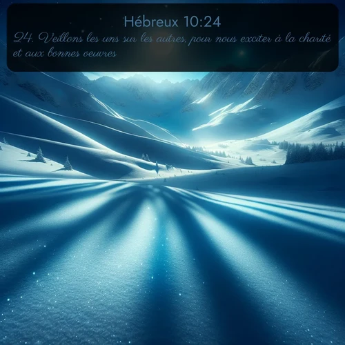 Le clair de lune illumine les pics montagneux enneigés, projetant des ombres bleues sur la poudreuse immaculée. Avec le verset biblique : 24. Veillons les uns sur les autres, pour nous exciter à la charité et aux bonnes oeuvres. qui invite les personnes à venir à l'église Renens AB pour le culte de Dimanche