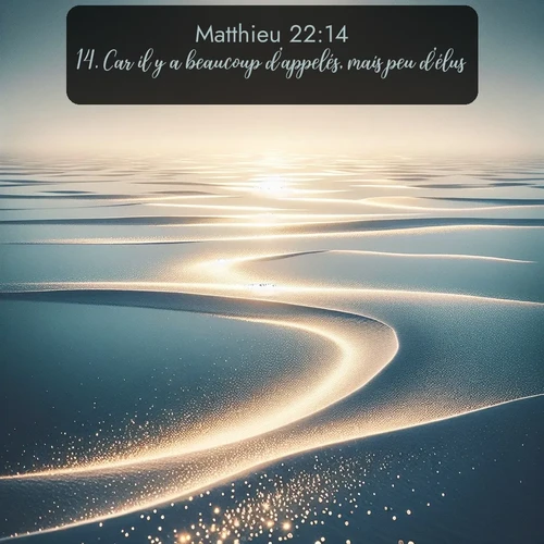 Les vagues de chaleur estivale ondulent au-dessus des plaines salées s'étendant jusqu'à l'horizon. Avec le verset biblique : 14. Car il y a beaucoup d'appelés, mais peu d'élus. qui invite les personnes à venir à l'église Renens AB pour le culte de Dimanche