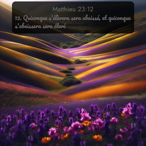 Les fleurs sauvages printanières tapissent les collines ondulantes de violet et d'or. Avec le verset biblique : 12. Quiconque s'élèvera sera abaissé, et quiconque s'abaissera sera élevé. qui invite les personnes à venir à l'église Renens AB pour le culte de Dimanche