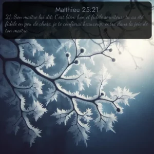 Le givre hivernal recouvre les branches nues d'un cristal délicat. Avec le verset biblique : 21. Son maître lui dit: C'est bien, bon et fidèle serviteur; tu as été fidèle en peu de chose, je te confierai beaucoup; entre dans la joie de ton maître. qui invite les personnes à venir à l'église Renens AB pour le culte de Dimanche