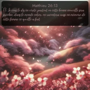 Les fleurs de cerisier recouvrent la colline d'une douce neige rose, tourbillonnant dans l'air comme des confettis naturels. Avec le verset biblique : 13. Je vous le dis en vérité, partout où cette bonne nouvelle sera prêchée, dans le monde entier, on racontera aussi en mémoire de cette femme ce qu'elle a fait. qui invite les personnes à venir à l'église Renens AB pour le culte de Dimanche