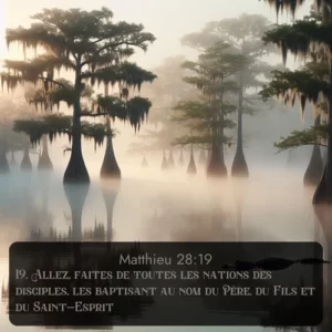 Le brouillard matinal s'accroche aux cyprès noueux dans le marécage. Un alligator glisse silencieusement dans l'eau sombre. Avec le verset biblique : 19. Allez, faites de toutes les nations des disciples, les baptisant au nom du Père, du Fils et du Saint-Esprit, qui invite les personnes à venir à l'église Renens AB pour le culte de Dimanche