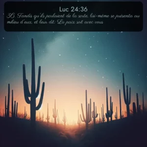 Les étoiles du désert brillent intensément au-dessus des silhouettes de saguaros imposants. Avec le verset biblique : 36. Tandis qu'ils parlaient de la sorte, lui-même se présenta au milieu d'eux, et leur dit: La paix soit avec vous! qui invite les personnes à venir à l'église Renens AB pour le culte de Dimanche