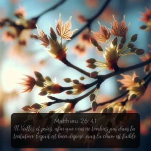 Les bourgeons printaniers éclatent sur les branches d'érable contre un ciel bleu. Avec le verset biblique : 41. Veillez et priez, afin que vous ne tombiez pas dans la tentation; l'esprit est bien disposé, mais la chair est faible. qui invite les personnes à venir à l'église Renens AB pour le culte de Dimanche