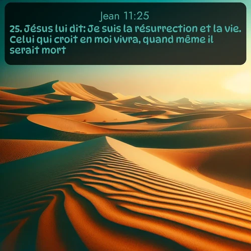 Les dunes du désert ondulent sans fin sous le soleil brûlant, leurs crêtes dorées se découpant nettement sur le ciel azur. Les traces d'un serpent à sonnette dessinent des motifs délicats dans le sable. Avec le verset biblique : 25. Jésus lui dit: Je suis la résurrection et la vie. Celui qui croit en moi vivra, quand même il serait mort; qui invite les personnes à venir à l'église Renens AB pour le culte de Dimanche
