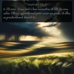 Les orages d'été approchent à travers les vastes ciels de prairie. Avec le verset biblique : 9. Et voici, Jésus vint à leur rencontre, et dit: Je vous salue. Elles s'approchèrent pour saisir ses pieds, et elles se prosternèrent devant lui. qui invite les personnes à venir à l'église Renens AB pour le culte de Dimanche