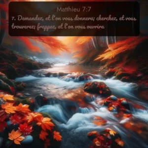 Les feuilles d'automne tourbillonnent dans les remous le long d'un ruisseau de montagne. Avec le verset biblique : 7. Demandez, et l'on vous donnera; cherchez, et vous trouverez; frappez, et l'on vous ouvrira. qui invite les personnes à venir à l'église Renens AB pour le culte de Dimanche