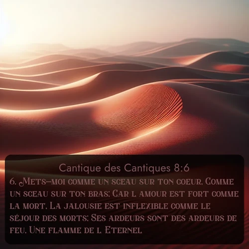 Le vent du désert sculpte des motifs abstraits dans le sable rouge. Avec le verset biblique : 6. Mets-moi comme un sceau sur ton coeur, Comme un sceau sur ton bras; Car l'amour est fort comme la mort, La jalousie est inflexible comme le séjour des morts; Ses ardeurs sont des ardeurs de feu, Une flamme de l'Eternel. qui invite les personnes à venir à l'église Renens AB pour le culte de Dimanche