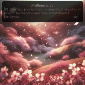 Les fleurs de cerisier recouvrent la colline d'une douce neige rose, tourbillonnant dans l'air comme des confettis naturels. Avec le verset biblique : 33. Cherchez premièrement le royaume et la justice de Dieu; et toutes ces choses vous seront données par-dessus. qui invite les personnes à venir à l'église Renens AB pour le culte de Dimanche
