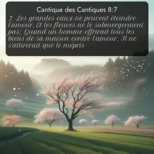 Les vents printaniers dispersent les fleurs de cerisier comme de la neige. Avec le verset biblique : 7. Les grandes eaux ne peuvent éteindre l'amour, Et les fleuves ne le submergeraient pas; Quand un homme offrirait tous les biens de sa maison contre l'amour, Il ne s'attirerait que le mépris. qui invite les personnes à venir à l'église Renens AB pour le culte de Dimanche