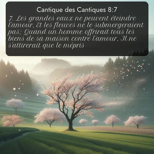 Les vents printaniers dispersent les fleurs de cerisier comme de la neige. Avec le verset biblique : 7. Les grandes eaux ne peuvent éteindre l'amour, Et les fleuves ne le submergeraient pas; Quand un homme offrirait tous les biens de sa maison contre l'amour, Il ne s'attirerait que le mépris. qui invite les personnes à venir à l'église Renens AB pour le culte de Dimanche