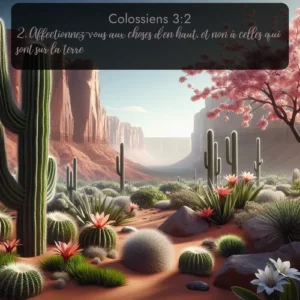 Les cactus du désert éclatent de fleurs printanières contre les formations de grès rouge. Avec le verset biblique : 2. Affectionnez-vous aux choses d'en haut, et non à celles qui sont sur la terre. qui invite les personnes à venir à l'église Renens AB pour le culte de Dimanche
