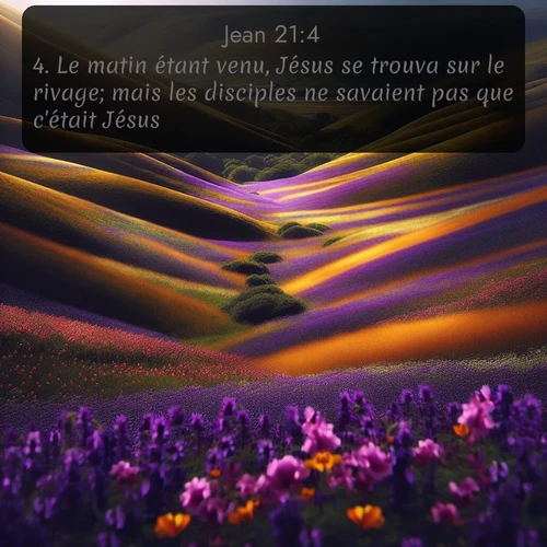Les fleurs sauvages printanières tapissent les collines ondulantes de violet et d'or. Avec le verset biblique : 4. Le matin étant venu, Jésus se trouva sur le rivage; mais les disciples ne savaient pas que c'était Jésus. qui invite les personnes à venir à l'église Renens AB pour le culte de Dimanche